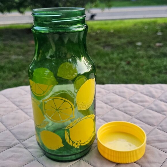 Vintage Anchor Hocking Green Yellow Lemons Lemonade Juice Jar Glass Container - Picture 3 of 9